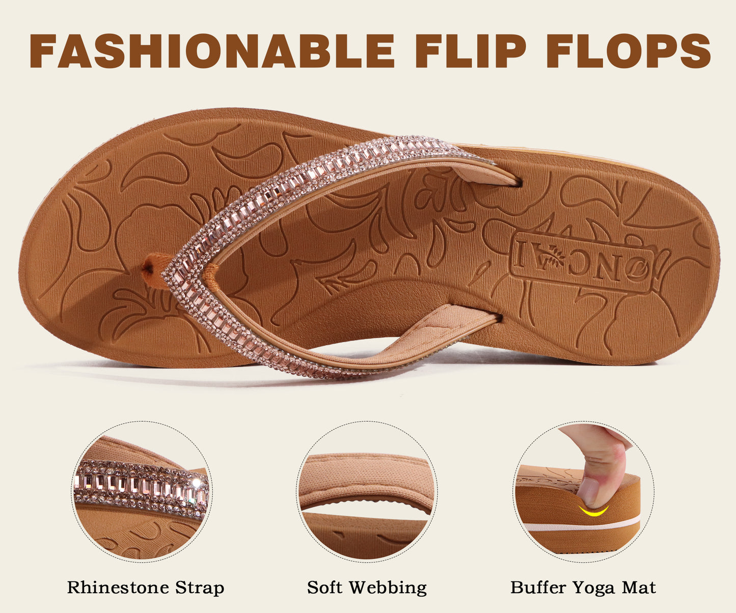 ONCAI Flip Flops for Women, Beach Thong Sandals with Arch Support, Dressy Rhinestone Comfortable Yoga Mat and Non Slip Rubber Soles for Summer US Size 5-11