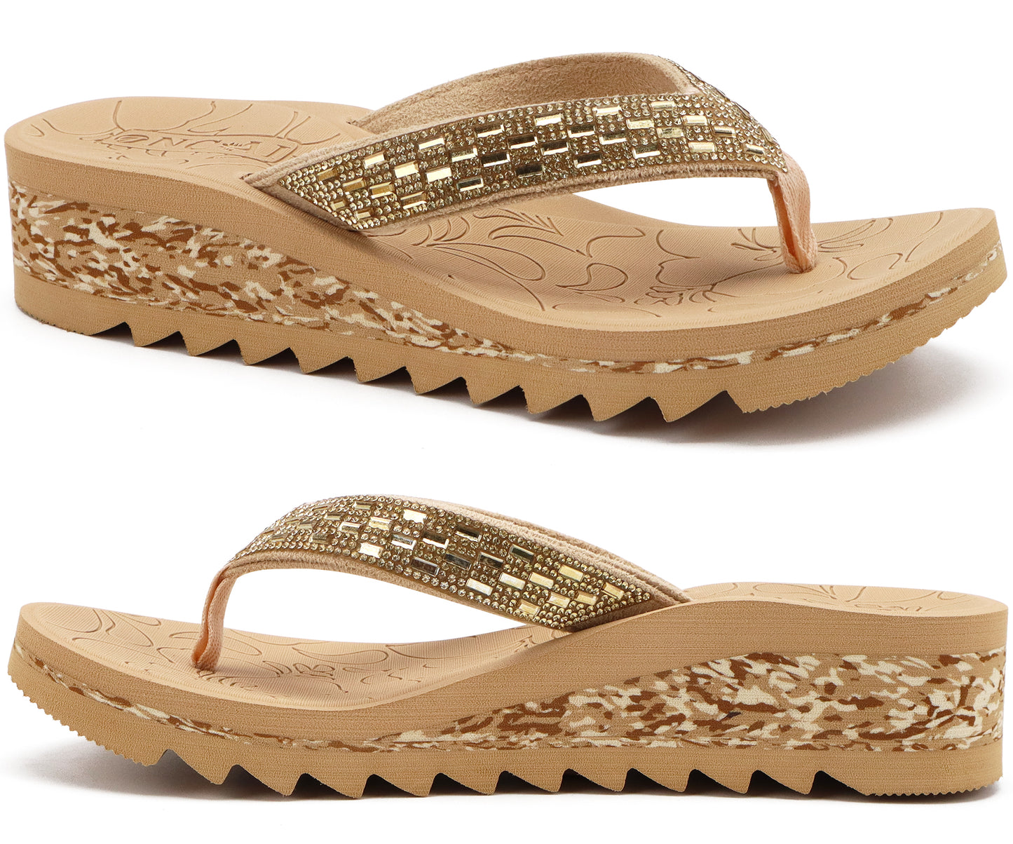 ONCAI Women's Wedge Flip Flops with Rhinestone，Recovery Dressy Walking Sandals for Women with Comfortable Arch Support Cushion Yoga Mat Summer Slip On Rubber Soles (Size 5-11 US)