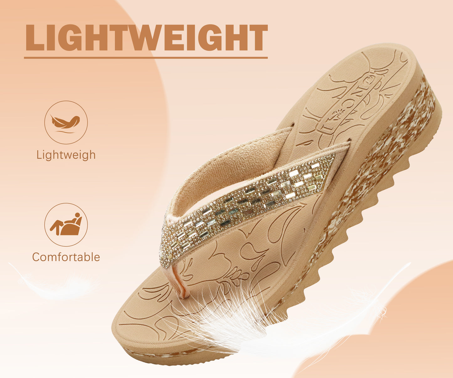 ONCAI Women's Wedge Flip Flops with Rhinestone，Recovery Dressy Walking Sandals for Women with Comfortable Arch Support Cushion Yoga Mat Summer Slip On Rubber Soles (Size 5-11 US)