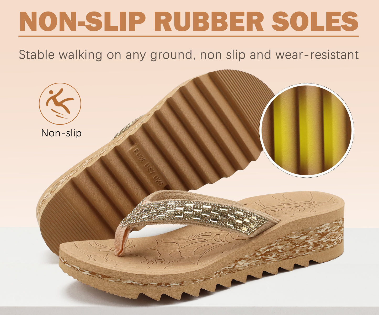ONCAI Women's Wedge Flip Flops with Rhinestone，Recovery Dressy Walking Sandals for Women with Comfortable Arch Support Cushion Yoga Mat Summer Slip On Rubber Soles (Size 5-11 US)