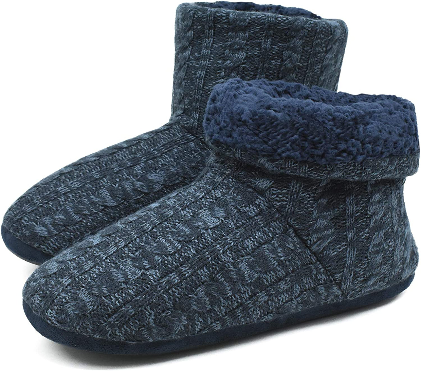 Men’s-Slipper-Boots-Winter-Fleece-House-Slippers Knitted Indoor Flat Warm Wool Booties Pull On Memory Foam Outdoor Non-slip Ankle Bedroom Boot Slippers with Soft Rubber Sole