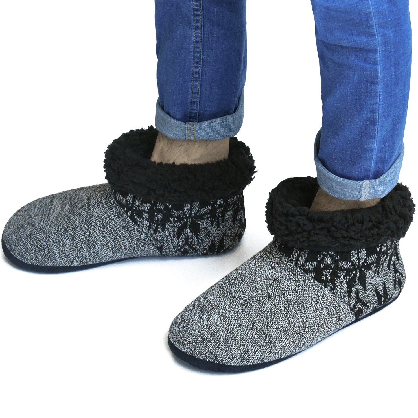 Men’s-Slipper-Boots-Winter-Fleece-House-Slippers Knitted Indoor Flat Warm Wool Booties Pull On Memory Foam Outdoor Non-slip Ankle Bedroom Boot Slippers with Soft Rubber Sole