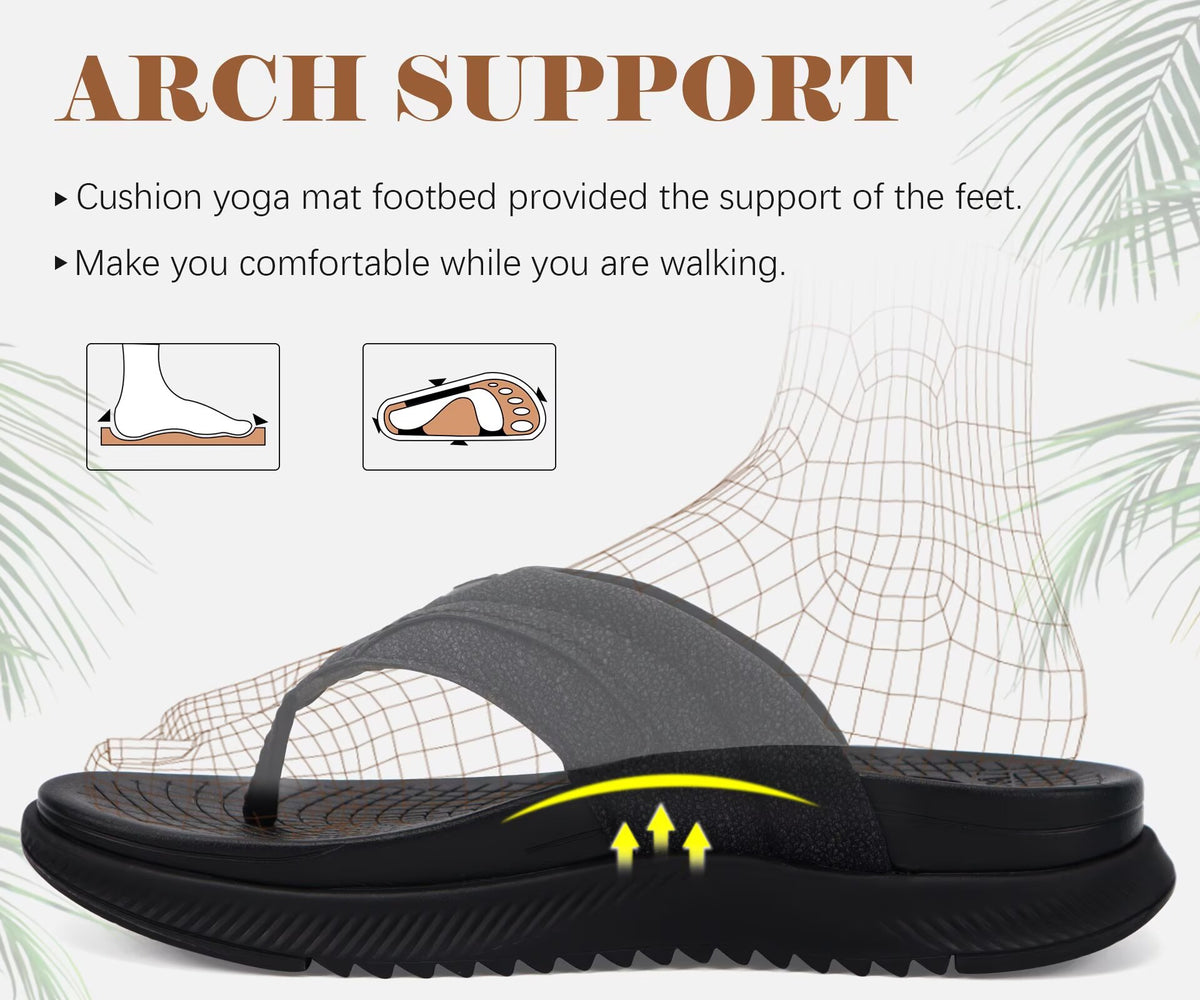 ONCAI Mens Flip Flops with Arch Support Summer Beach Pool Walking Sandals with Outdoor Yoga Mat Non-slip Cushion Thick Rubber Soles Size 7-14
