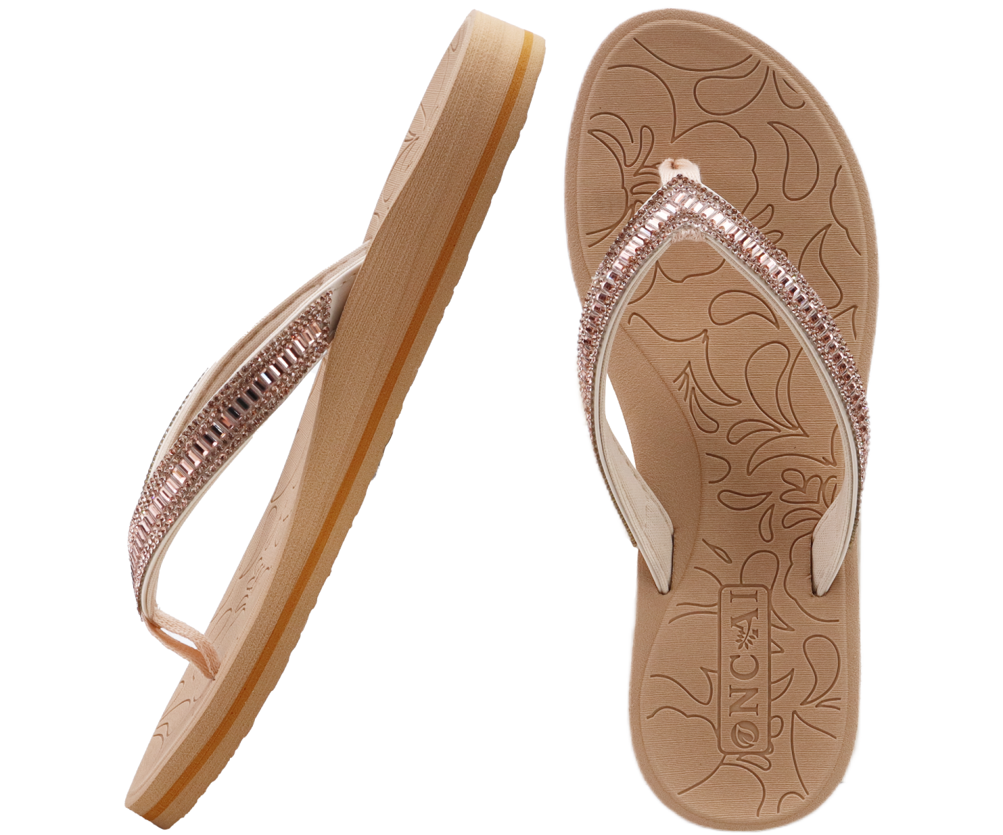 ONCAI Women's Flip Flops with Rhinestone, Arch Support Yoga Mat Comfort Walking Summer Beach Thong Sandals with Orthopedic Plantar Fasciitis Rubber Soles