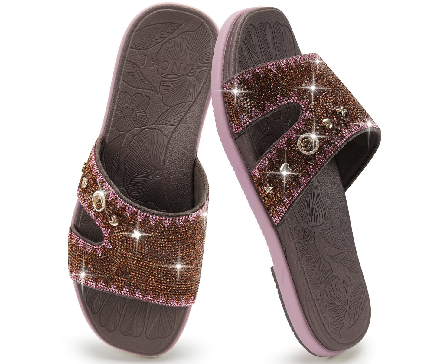 ONCAI Womens Sandals Rhinestone Ladies Flat Slides Glitter Sparkly Summer Casual Comfort Square Open Toe Sandalias Mujer with Outdoor Rubber Soles US Size 6-12