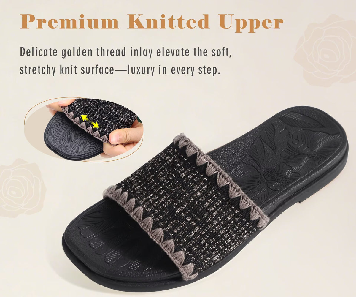 ONCAI Women¡¯s Flat Slides Sandals Soft Knitted with Golden Thread Inlay Summer Vacation Walking Sandalias Mujer with Outdoor Rubber Soles US Size 6-11