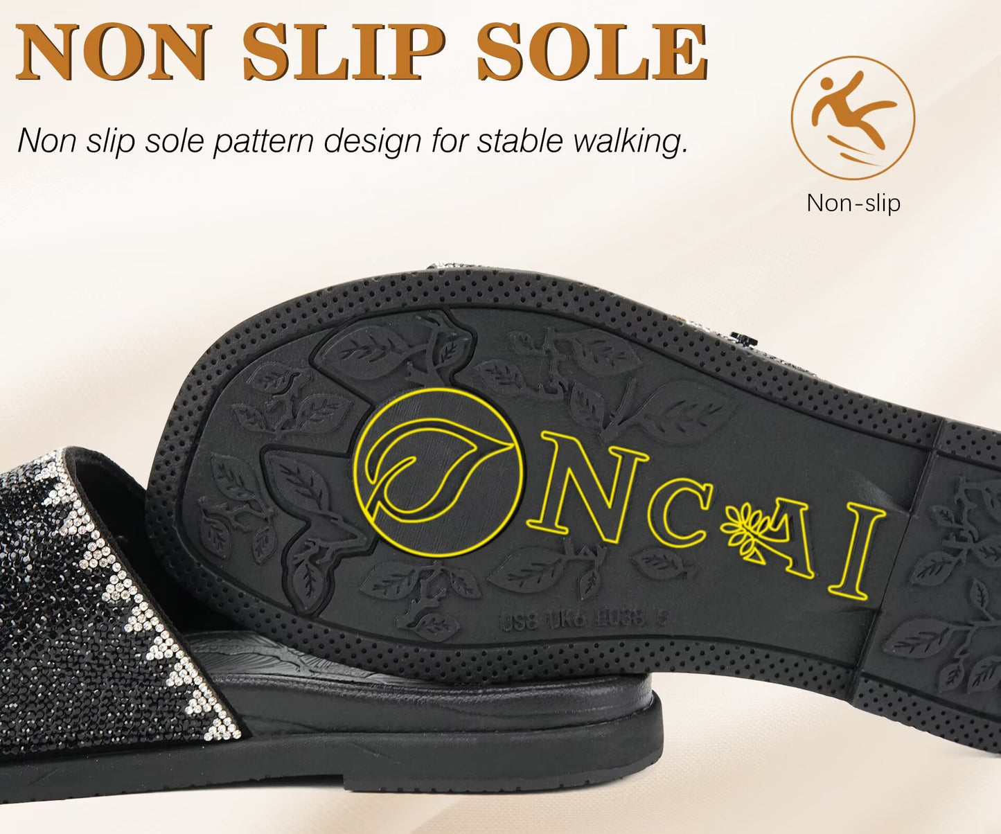 ONCAI Womens Sandals Rhinestone Ladies Flat Slides Glitter Sparkly Summer Casual Comfort Square Open Toe Sandalias Mujer with Outdoor Rubber Soles US Size 6-12