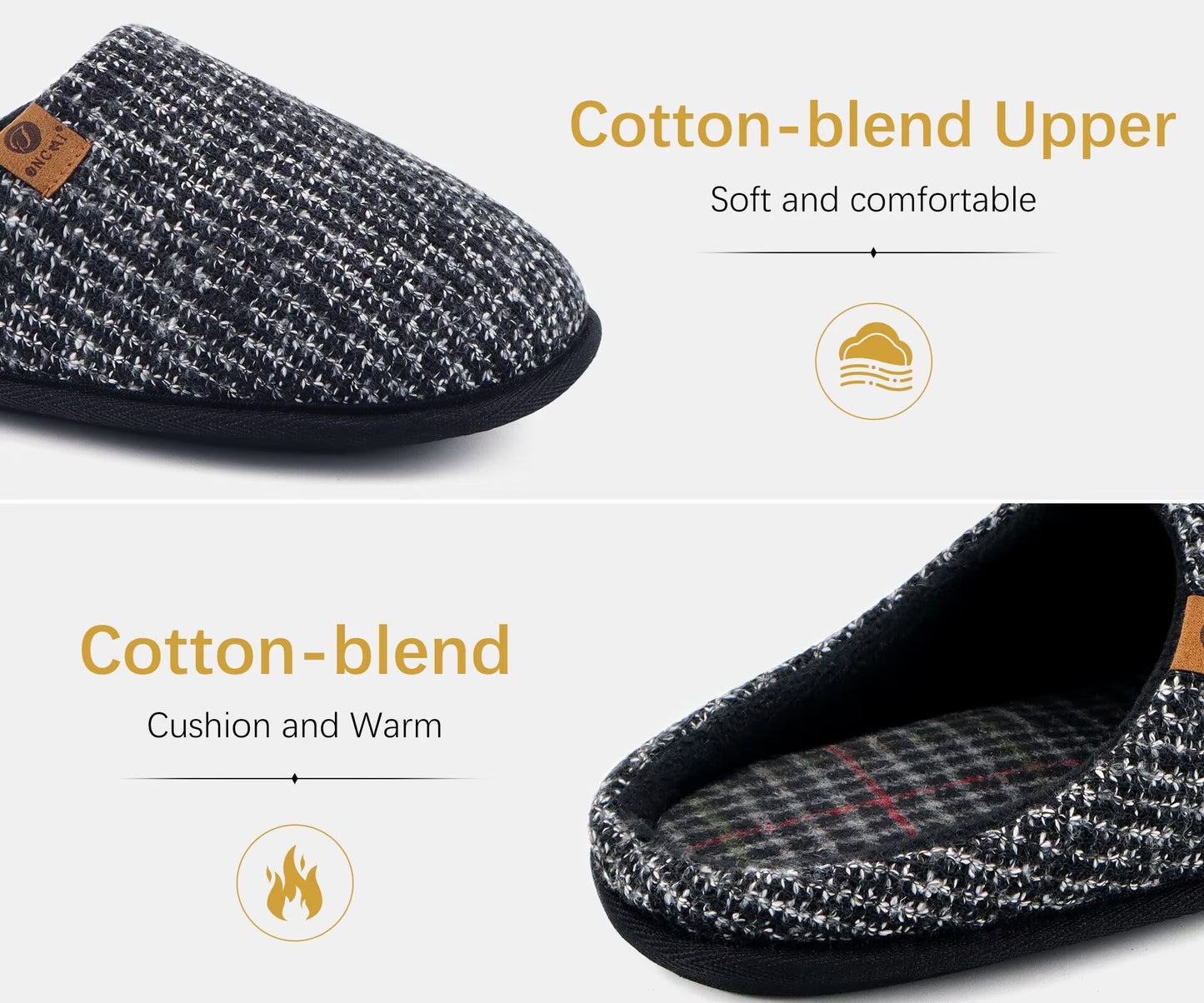ONCAI Men's House Slippers Memory Foam Cotton-blend Slip-On Pantuflas Hombres Warm Cozy Scuff Home Bedroom Shoes Indoor/Outdoor Washable Rubber Soles
