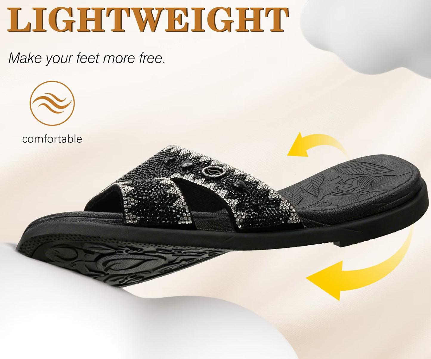 ONCAI Womens Sandals Rhinestone Ladies Flat Slides Glitter Sparkly Summer Casual Comfort Square Open Toe Sandalias Mujer with Outdoor Rubber Soles US Size 6-12