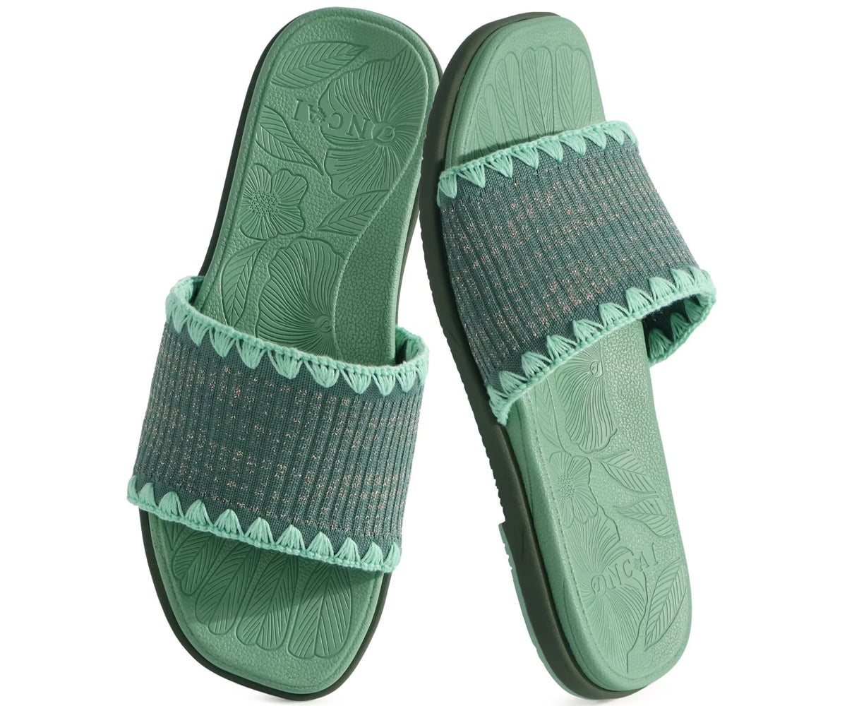 ONCAI Women¡¯s Flat Slides Sandals Soft Knitted with Golden Thread Inlay Summer Vacation Walking Sandalias Mujer with Outdoor Rubber Soles US Size 6-11