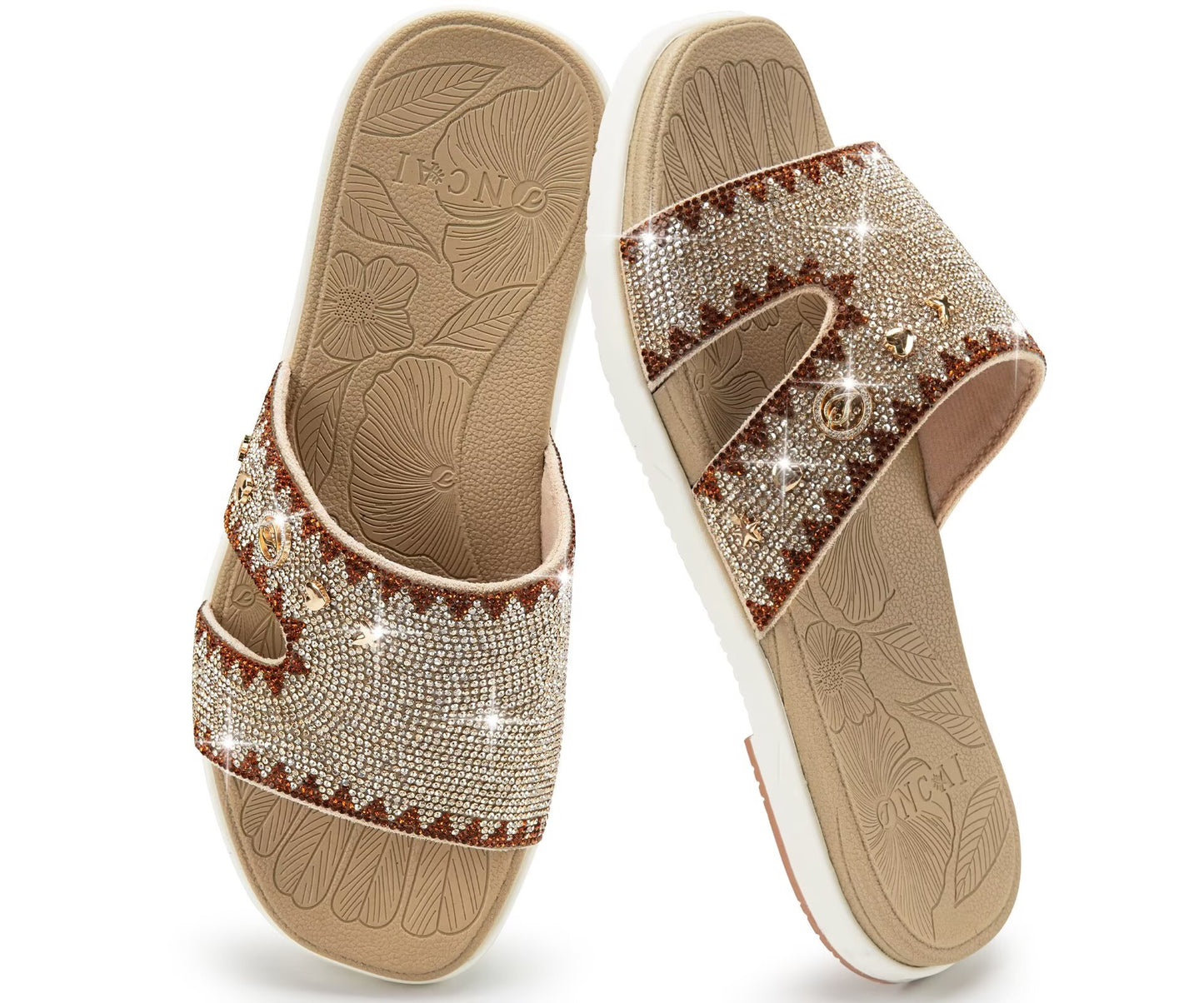 ONCAI Womens Sandals Rhinestone Ladies Flat Slides Glitter Sparkly Summer Casual Comfort Square Open Toe Sandalias Mujer with Outdoor Rubber Soles US Size 6-12